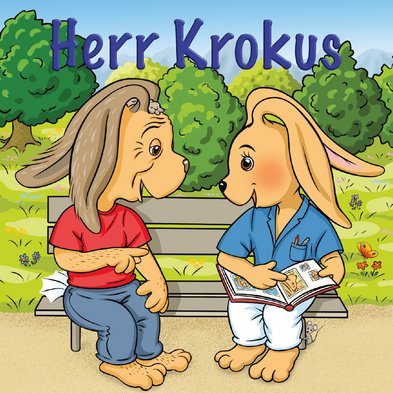 Herr Krokus sitzt auf einer Gartenbank