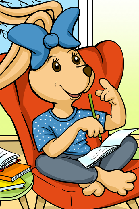 gezeichnete Comicfigur weiblicher Hase sitzt auf Lehnstuhl und hält Stift und Heft